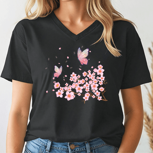 Butterflies and Cherry Blossoms V - neck Tee - Wandering Owl Adventure Gear