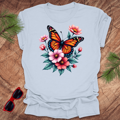 Butterfly and Flowers Tee - Wandering Owl Adventure Gear - light blue