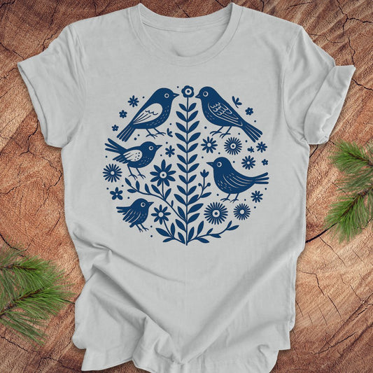 Birds & Flowers Tee — Silver, Size L (Final Sale)