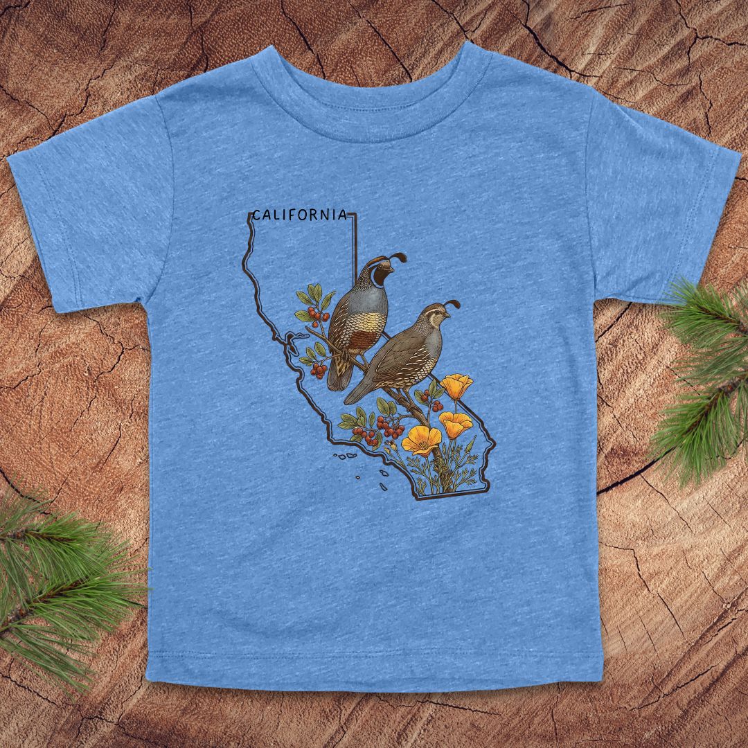 Blue toddler t-shirt with state outline of California and quails and flowers on a wood background.