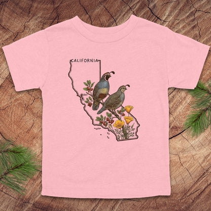 Pink toddler t-shirt with state outline of California and quails and flowers on a wood background.