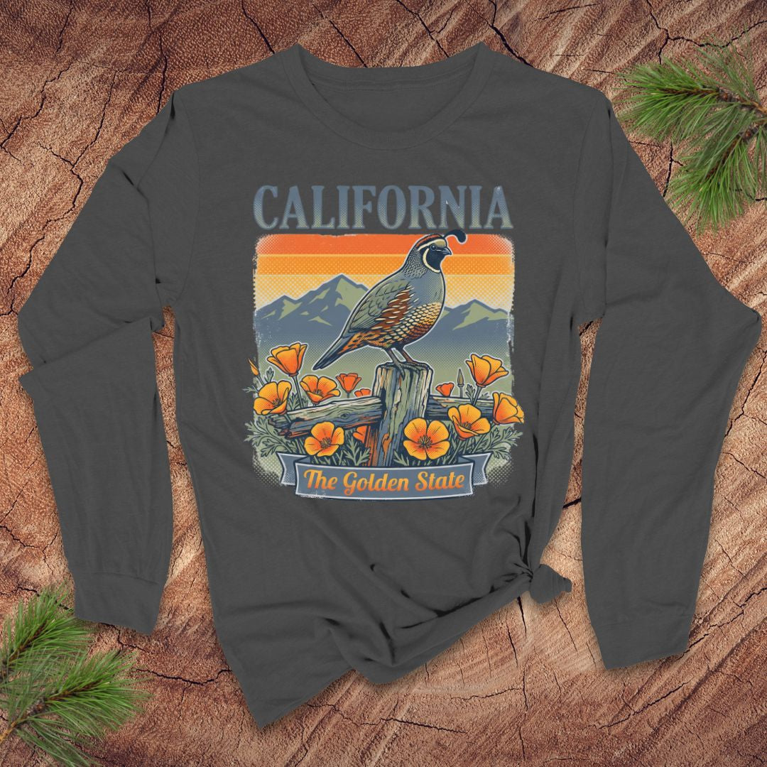 Gray long-sleeve shirt with a California-themed design featuring a quail and poppies on a wooden surface.