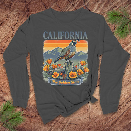Gray long-sleeve shirt with a California-themed design featuring a quail and poppies on a wooden surface.