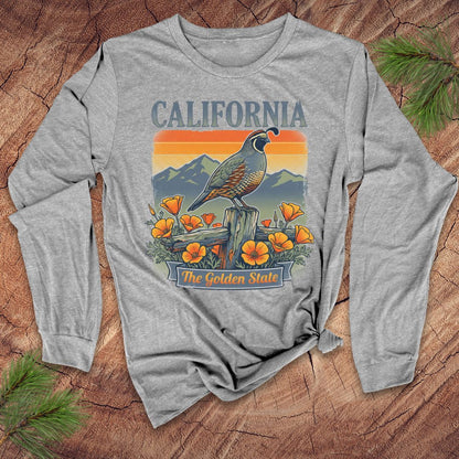 Gray long-sleeve shirt with California quail and poppy design on a wooden surface.