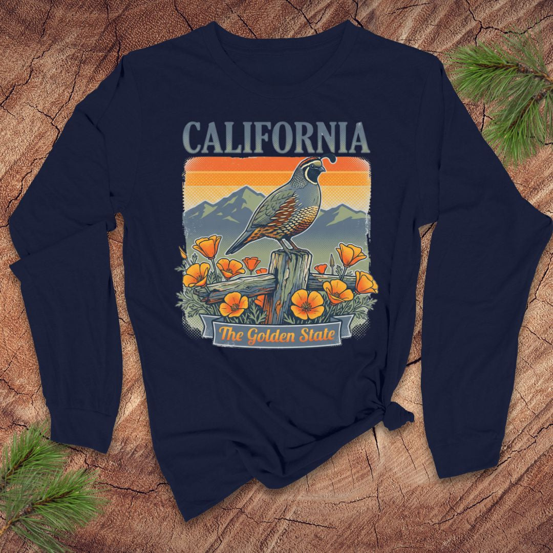 Navy blue long sleeve tshirt with a California-themed graphic featuring a bird and flowers on a wooden surface.