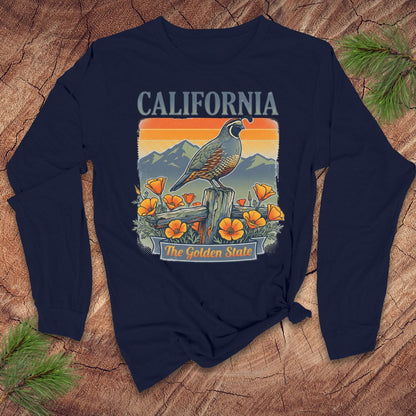 Navy blue long sleeve tshirt with a California-themed graphic featuring a bird and flowers on a wooden surface.