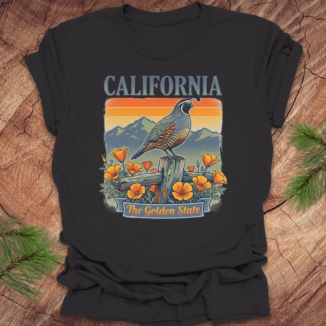 Black t-shirt with California-themed graphic featuring a bird and flowers on a wooden surface.