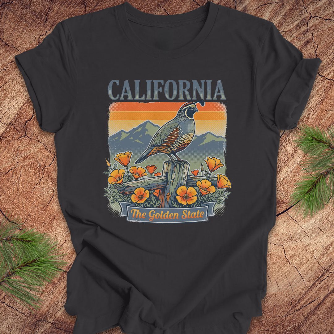 Dark gray t-shirt with California-themed design featuring a quail, mountains, and poppies on a wooden surface.