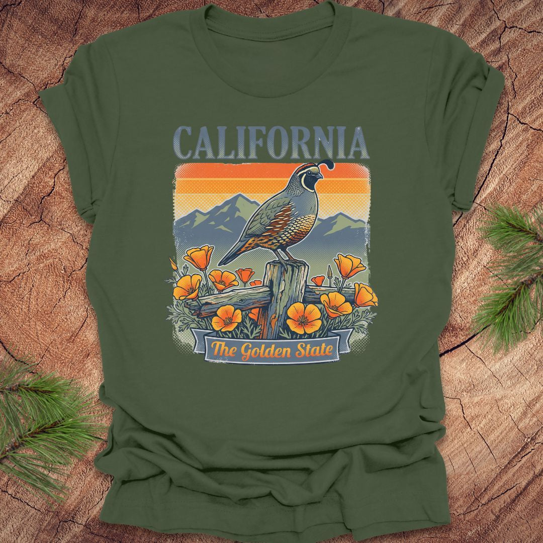 Green t-shirt with California-themed design featuring a bird and flowers on a wooden background