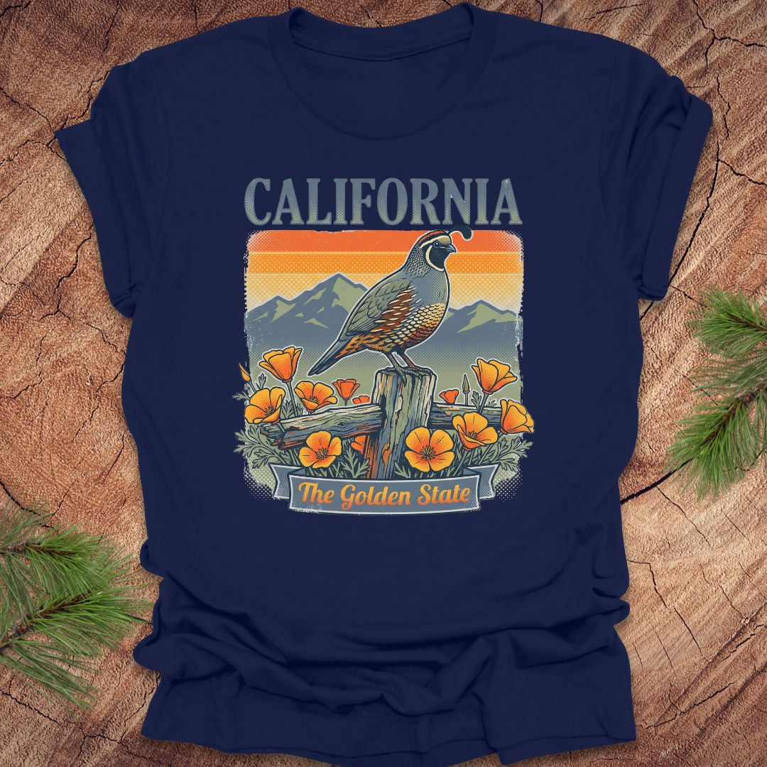 Navy blue t-shirt with California-themed graphic featuring a quail and poppies on a wooden surface.