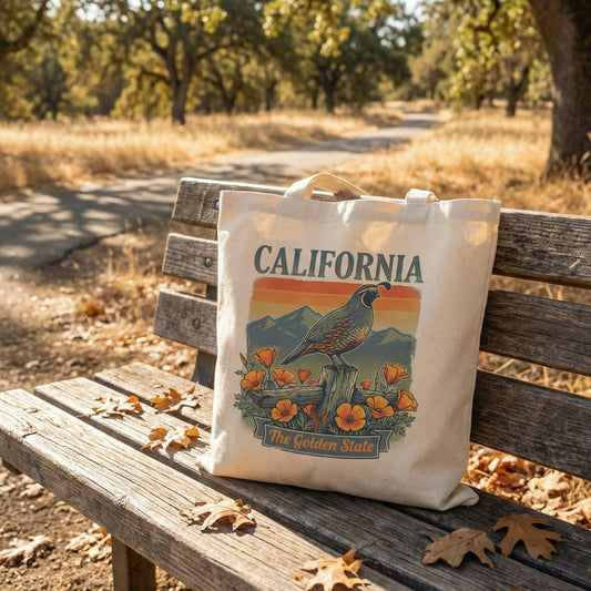Tote bag with California quail and poppy design on a wooden bench in a park
