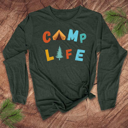 Green long-sleeve shirt with 'CAMP LIFE' text and camping-themed graphics on a wooden surface.