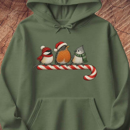 Military green hoodie with a Black-capped Chickadee, American Robin, and Tufted Titmouse in winter hats and scarves perched on a candy cane, laid flat on a rustic wood background.