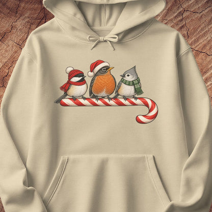 Sand beige hoodie with a Black-capped Chickadee, American Robin, and Tufted Titmouse in winter hats and scarves perched on a candy cane, laid flat on a rustic wood background.
