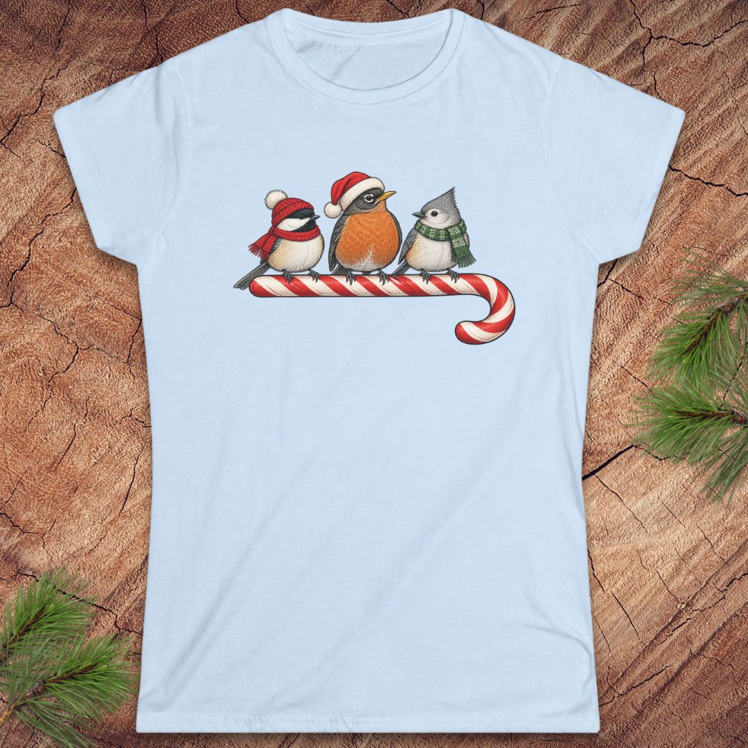 Light blue women's t-shirt with a Black-capped Chickadee, American Robin, and Tufted Titmouse in winter hats and scarves perched on a candy cane, laid flat on a rustic wood background with pine branches.