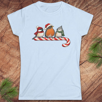 Light blue women's t-shirt with a Black-capped Chickadee, American Robin, and Tufted Titmouse in winter hats and scarves perched on a candy cane, laid flat on a rustic wood background with pine branches.