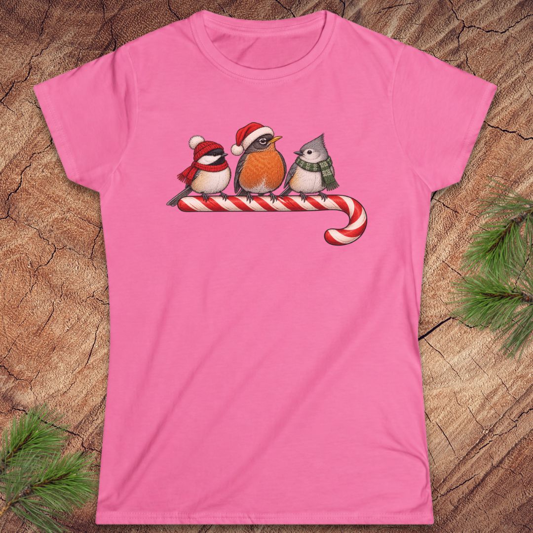 Azalea pink women's t-shirt with a Black-capped Chickadee, American Robin, and Tufted Titmouse in winter hats and scarves perched on a candy cane, laid flat on a rustic wood background with pine branches.