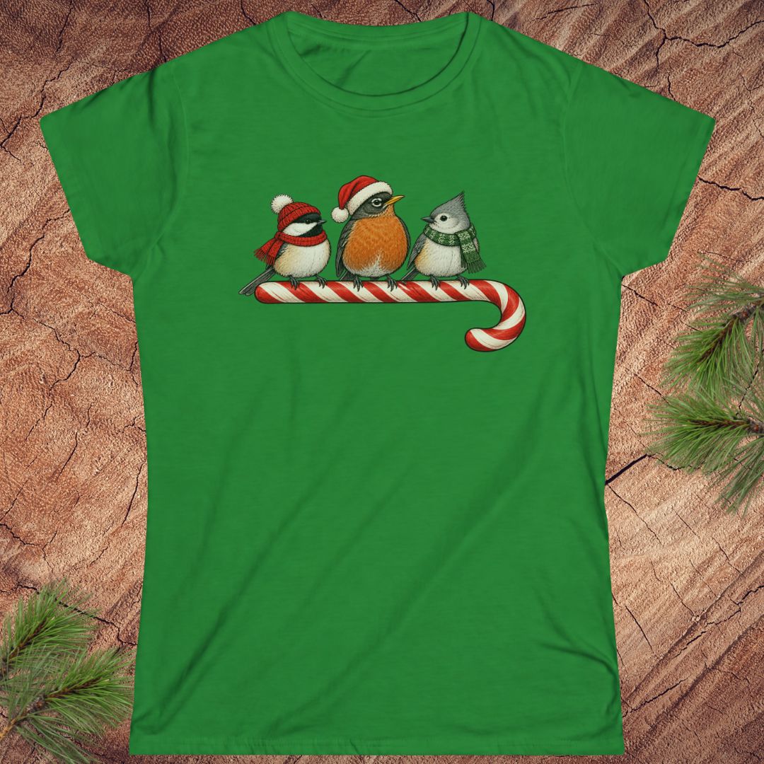 Irish green women's t-shirt with a Black-capped Chickadee, American Robin, and Tufted Titmouse in winter hats and scarves perched on a candy cane, laid flat on a rustic wood background with pine branches.