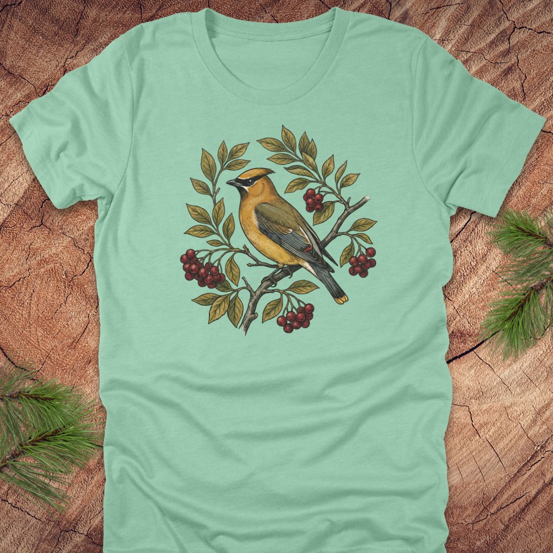Mint green t-shirt with a cedar waxwing bird and leaf design on a wooden surface