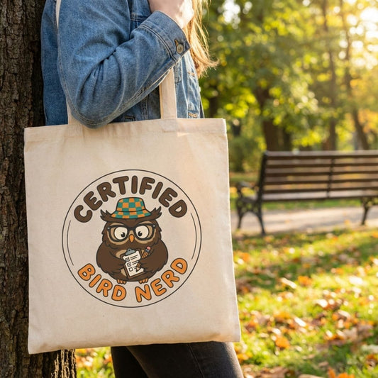 Person holding a tote bag with a 'Certified Bird Nerd' design in a park setting.