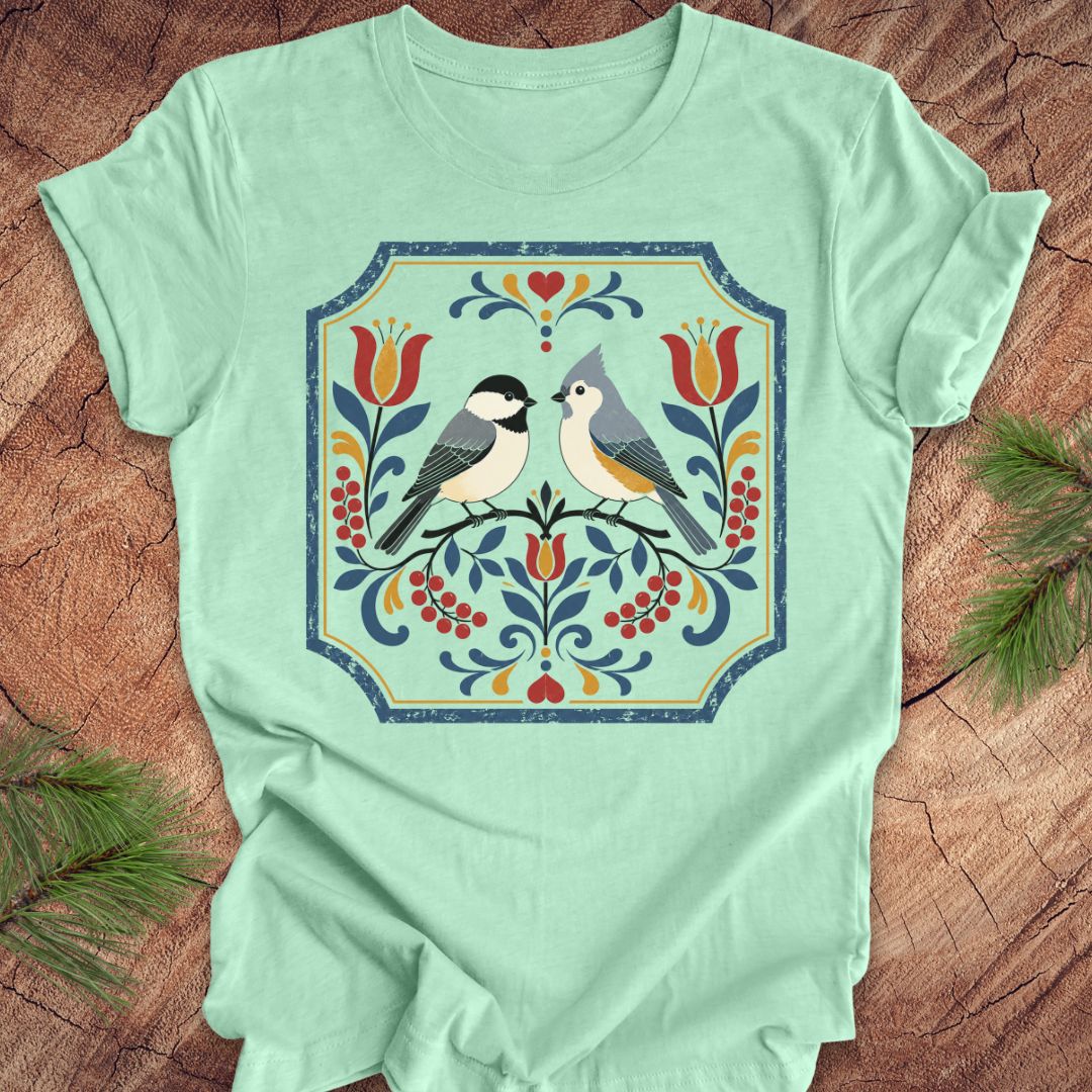 Mint green t-shirt with chickadee, titmouse and floral design on a wooden surface