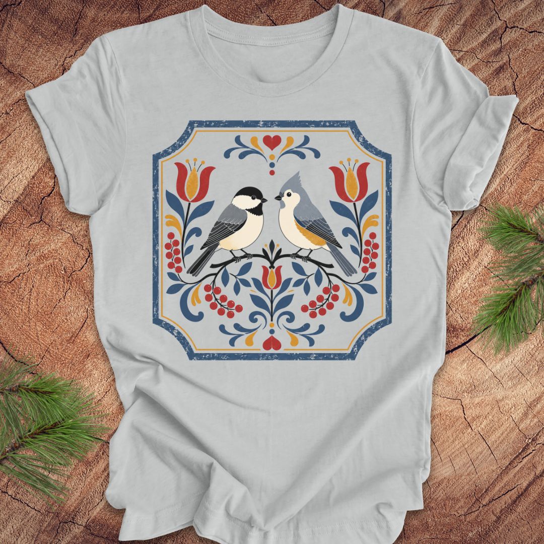 Gray t-shirt with chickadee, titmouse and floral design on a wooden surface