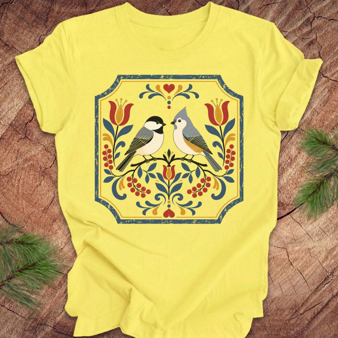 Yellow t-shirt with chickadee, titmouse and floral design on a wooden surface