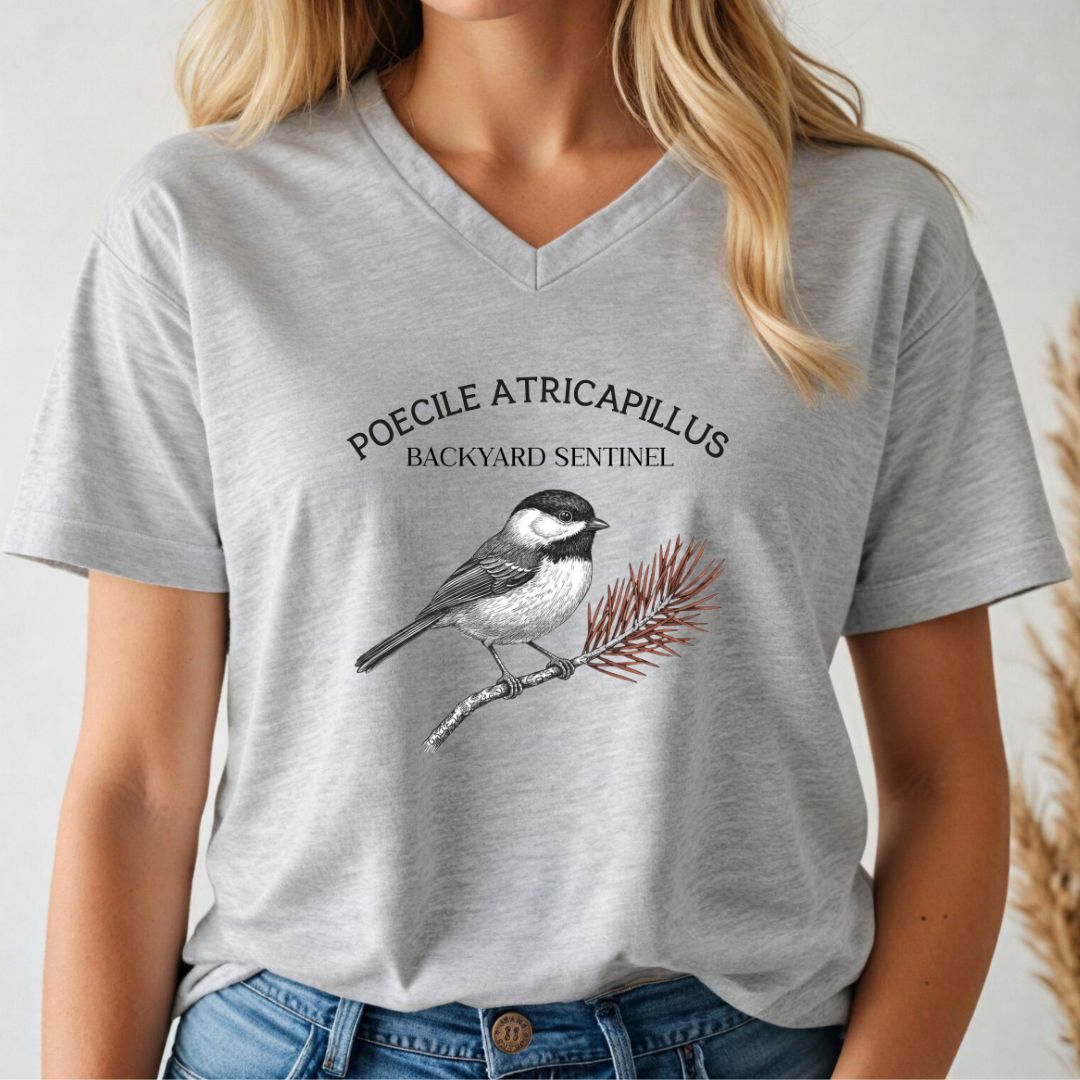 Person wearing a gray t-shirt with a chickadee illustration and scientific name text