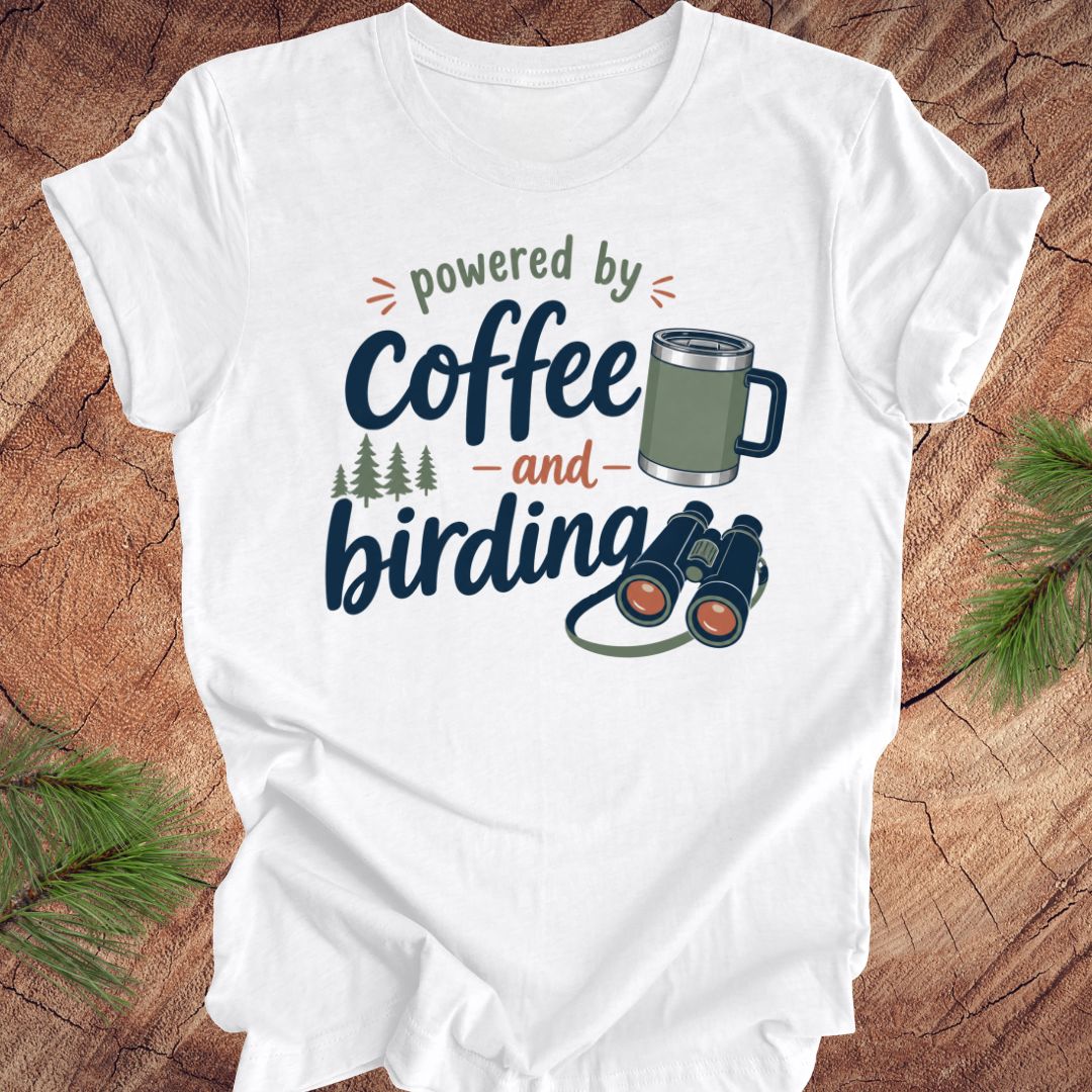 White t-shirt with 'powered by coffee and birding' design on a wooden surface with greenery.