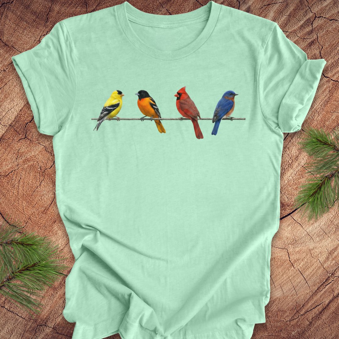Light green t-shirt with colorful bird design on a wooden surface