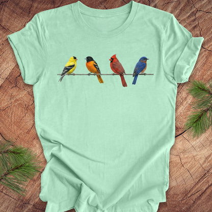 Light green t-shirt with colorful bird design on a wooden surface