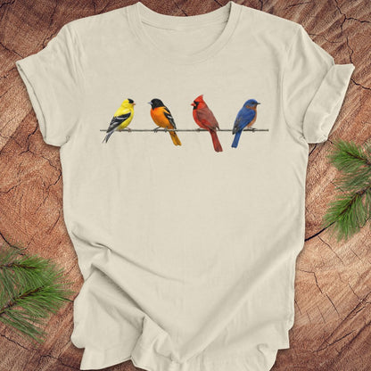 Beige t-shirt with colorful birds design on a wooden surface
