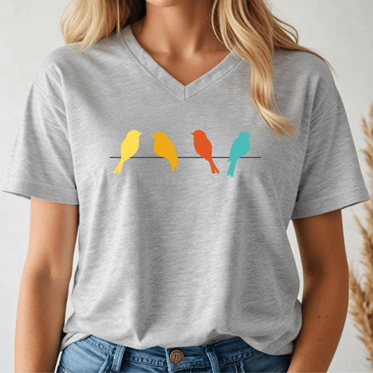Person wearing a gray v-neck t-shirt with 4 birds on a wire on a white background.