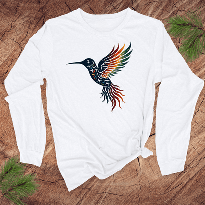 White long-sleeve shirt with a colorful hummingbird design on a wooden surface.