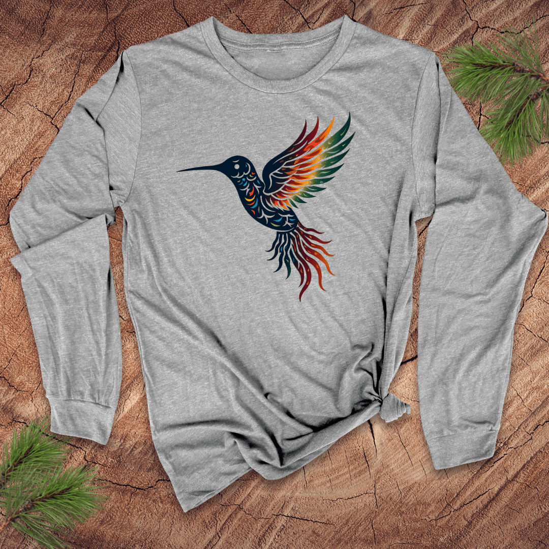 Gray long-sleeve shirt with a colorful hummingbird design on a wooden surface.