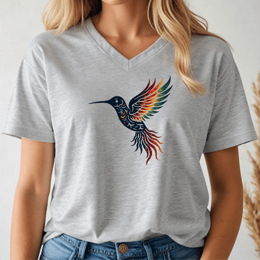 Person wearing a gray v-neck t-shirt with a colorful hummingbird design.