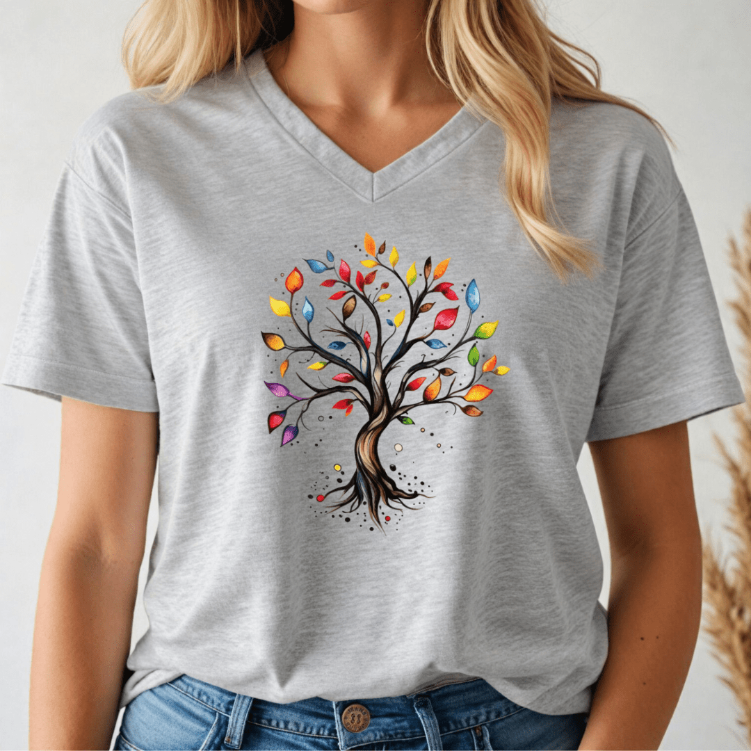 Gray v-neck tshirt with a colorful tree design on a wood background with pine leaves.