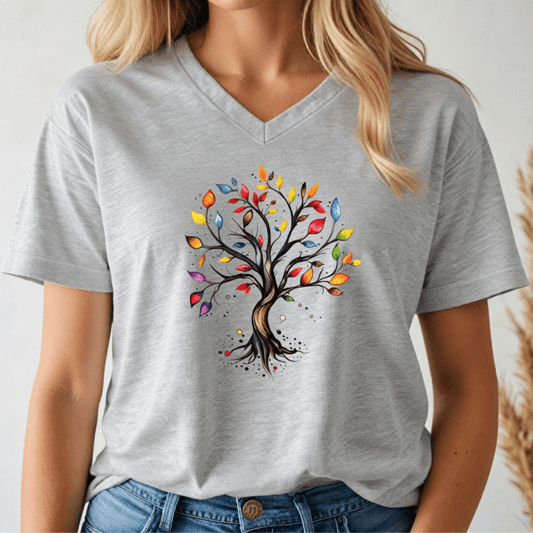 Gray v-neck tshirt with a colorful tree design on a wood background with pine leaves.
