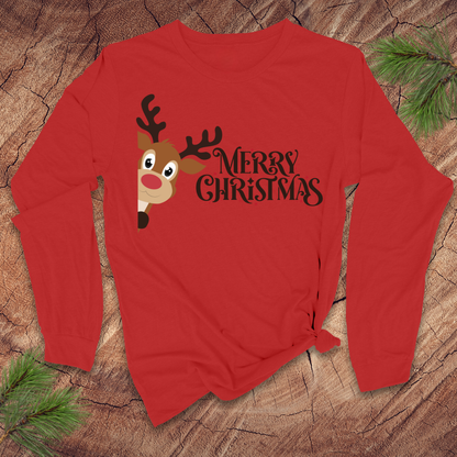 Red long-sleeve shirt with a reindeer and 'Merry Christmas' text on a wooden surface.