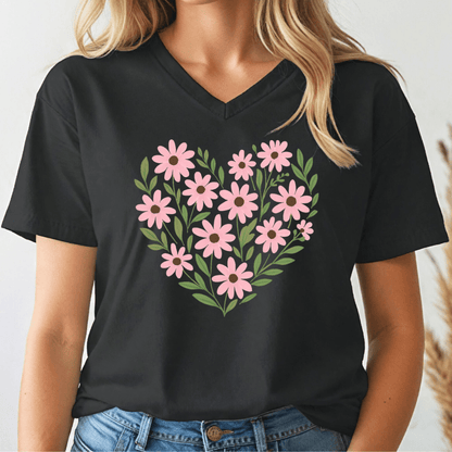 Daisy Heart V - neck Tee - Wandering Owl Adventure Gear