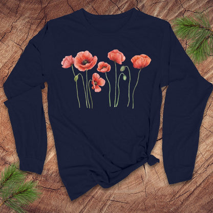  Navy blue long-sleeve tshirt with pink poppies design on a wooden surface