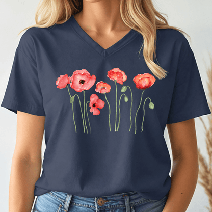 Dancing Poppies V - neck Tee - Wandering Owl Adventure Gear
