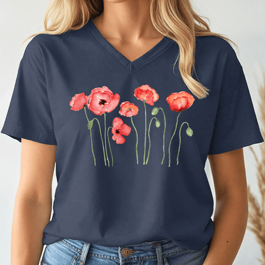Dancing Poppies V - neck Tee - Wandering Owl Adventure Gear