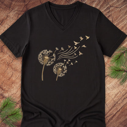 A black V-neck short-sleeve t-shirt with a graphic of two dandelions and flying birds in a sandy beige color, laid flat on a textured wood background with pine branches in the corners.