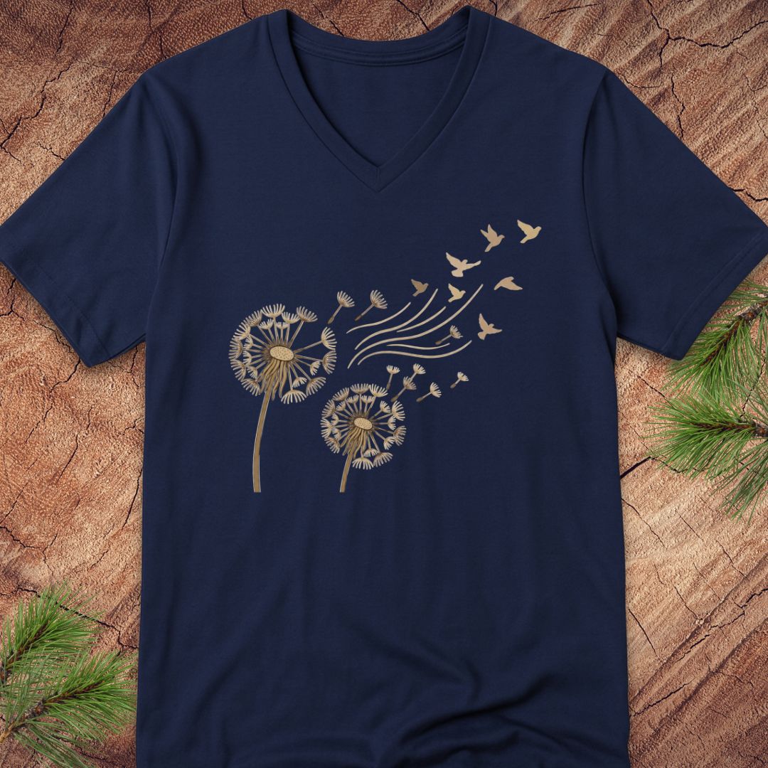 A navy blue V-neck t-shirt featuring a gold graphic of two dandelions with seeds blowing away as birds, laid flat on a rustic wood background with pine needles.