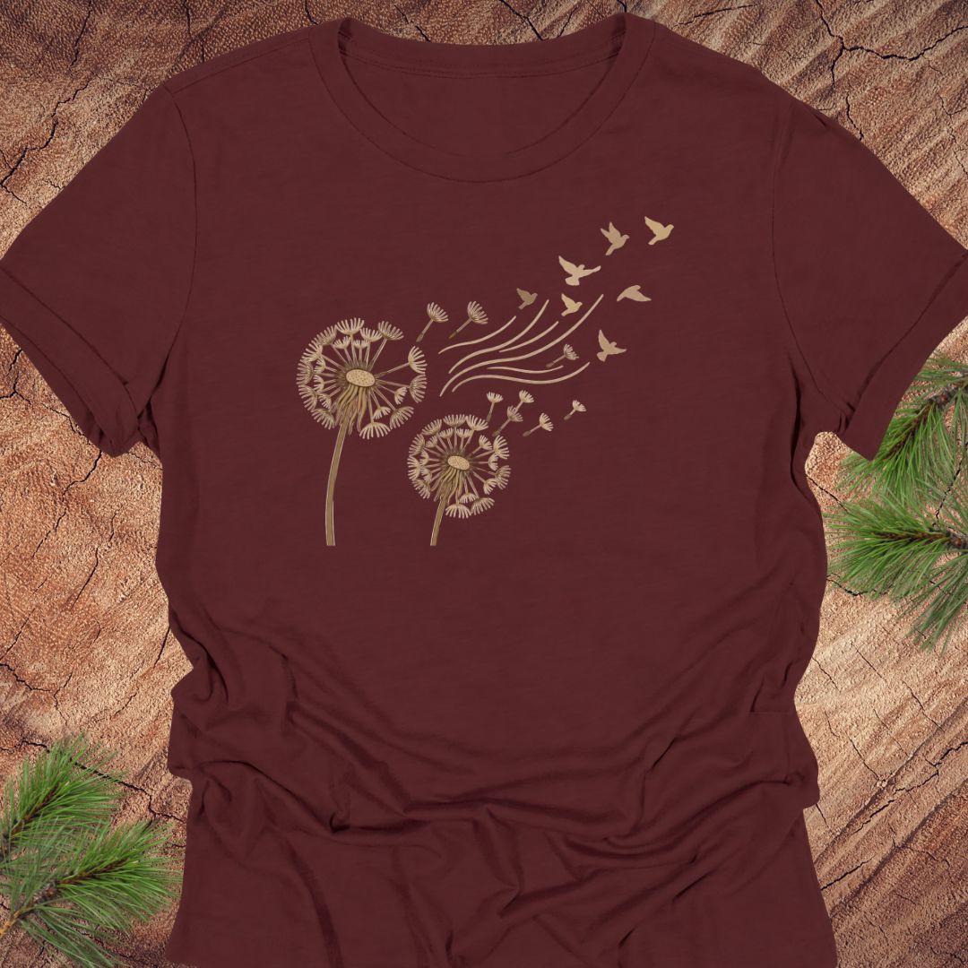 A dark brown short-sleeve t-shirt with a gold graphic of dandelions blowing into the wind with birds, laid flat on a rustic wood background with pine needles.
