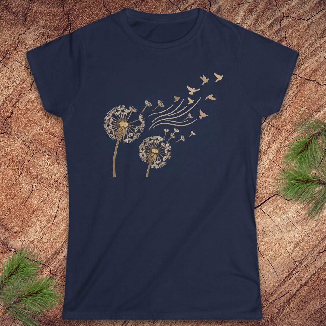 Navy blue t-shirt with a dandelion and birds on a wood background.