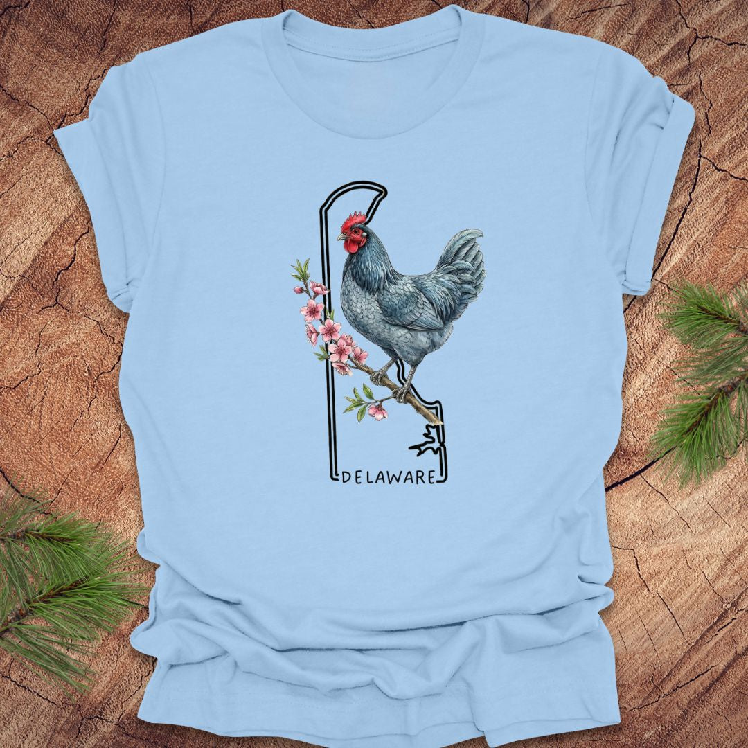 Light blue t-shirt with a rooster design and 'Delaware' text on a wooden surface.