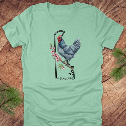 Light green t-shirt with a rooster design and 'Delaware' text on a wooden surface.