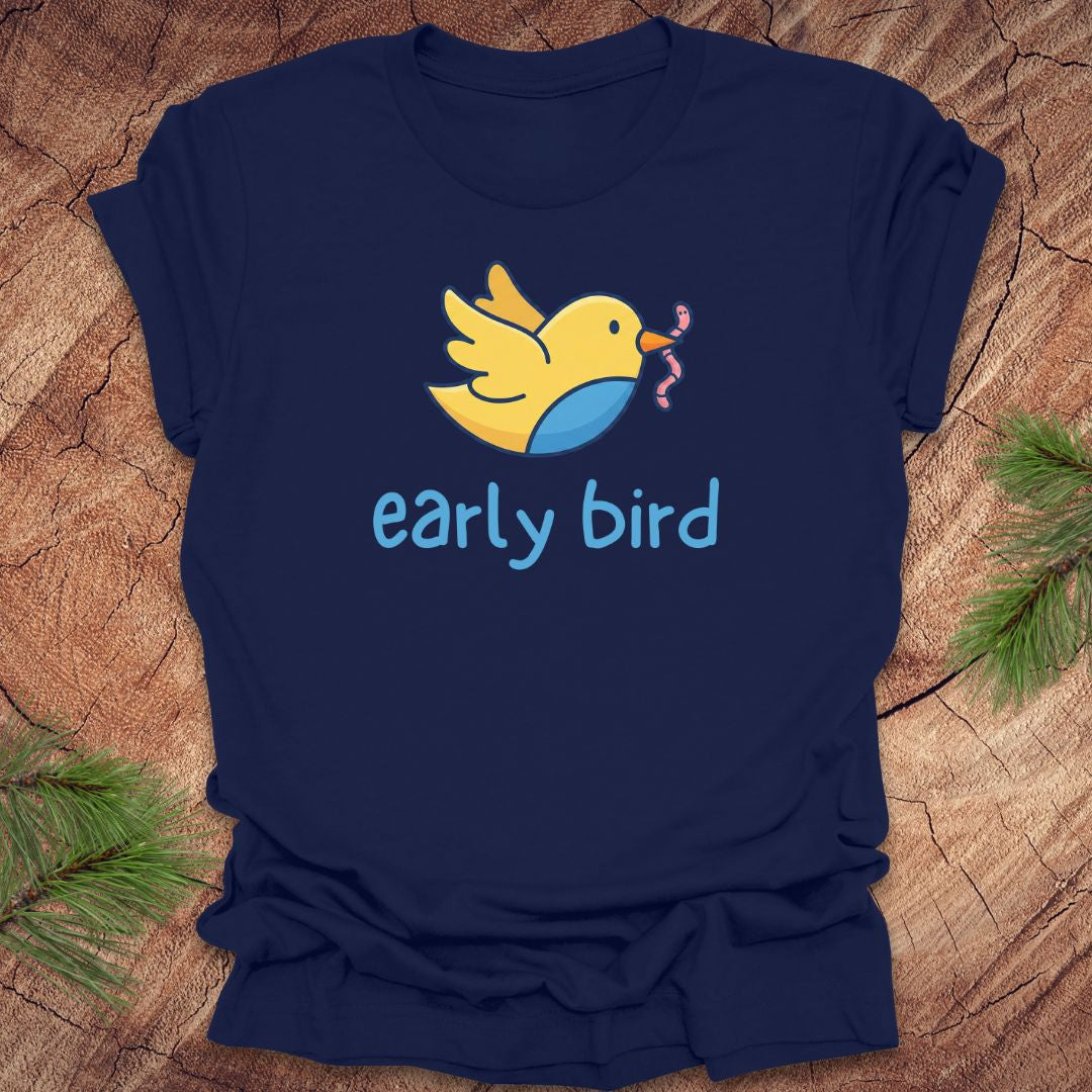 Navy blue t-shirt with a yellow bird graphic and 'early bird' text on a wooden surface.